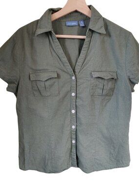 Tres You Green Linen Blend Button-Up Short Sleeve Size 12